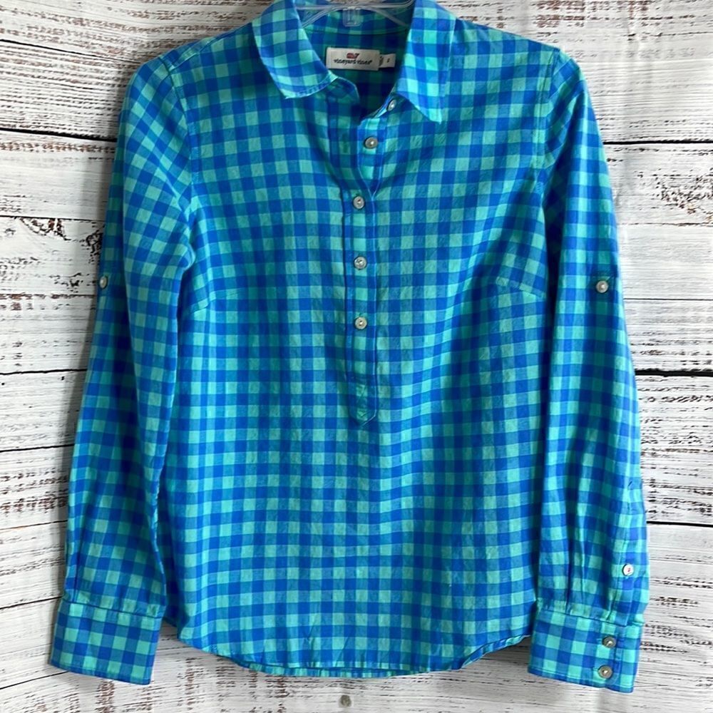 Vineyard vines Shirt Womens‎ Size 2 pop over roll up sleeves gingham Cotton